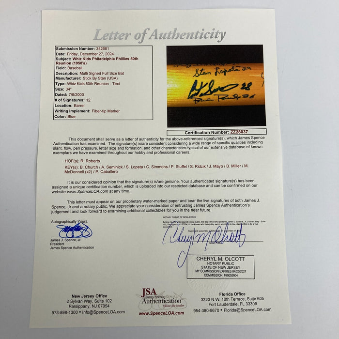 1950 Philadelphia Phillies Whiz Kids NL Champions Team Signed Bat With JSA COA