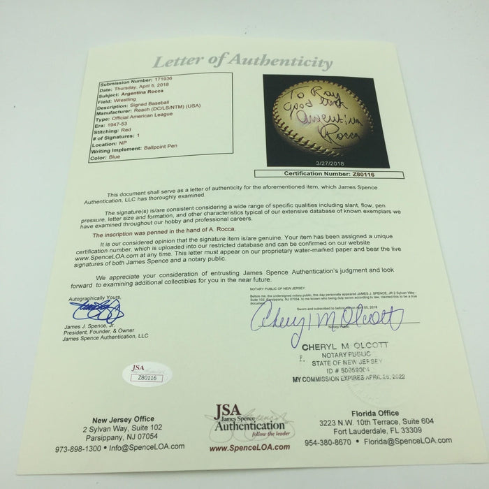 1940's Antonino Argentina Rocca Single Signed Baseball Wrestling Legend JSA COA