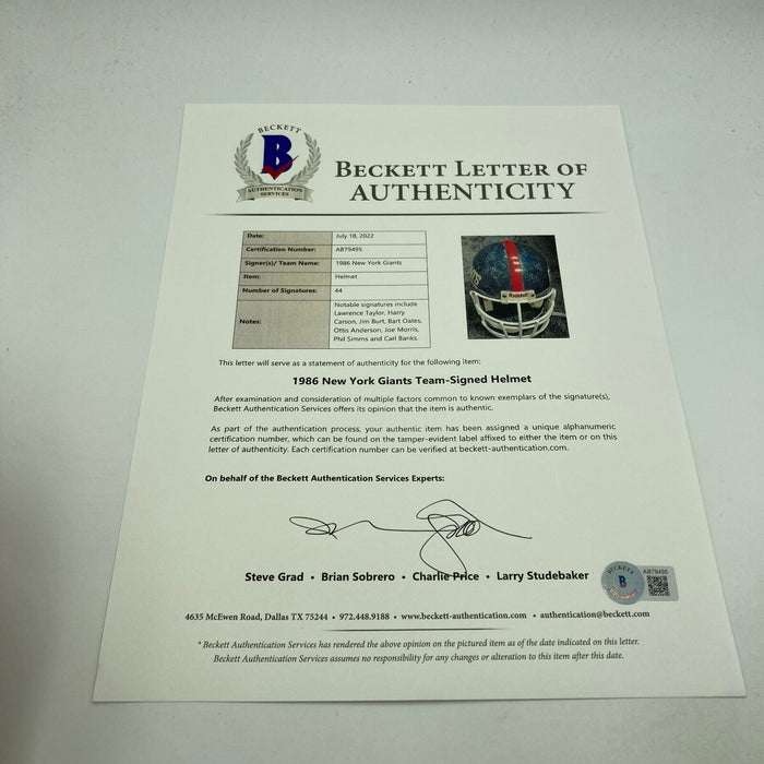 1986 New York Giants Super Bowl Champs Team Signed Full Size Helmet Beckett COA