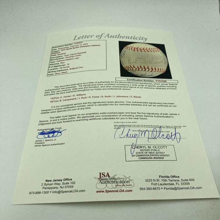 1973 Oakland A's Athletics World Series Champs Team Signed Baseball JSA COA