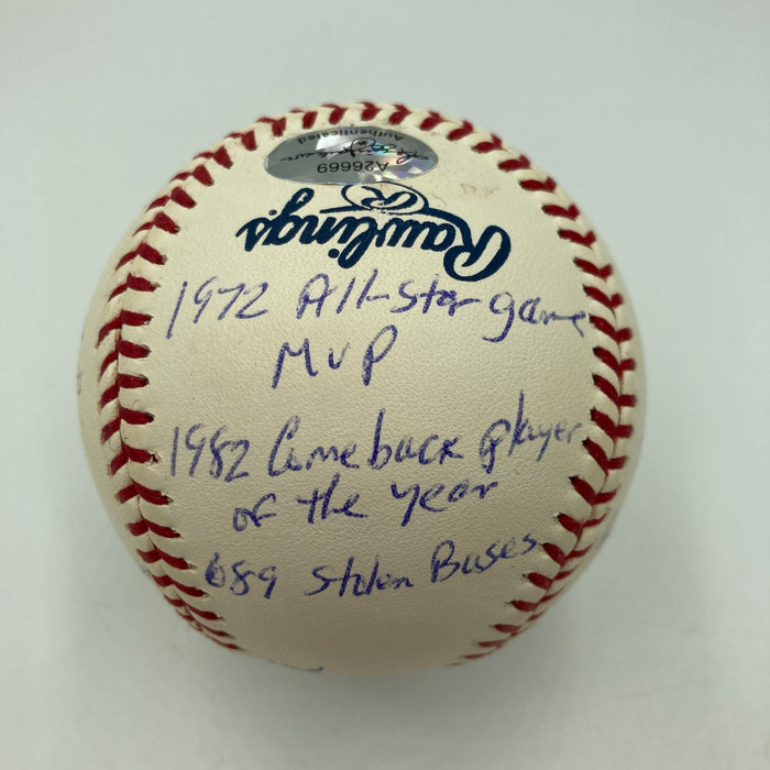 Joe Morgan Signed Heavily Inscribed Career STAT Baseball Reggie Jackson COA