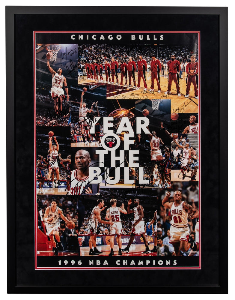 Michael Jordan 1995-96 Chicago Bulls 70-10 Season Team Signed 32x42 Photo BAS