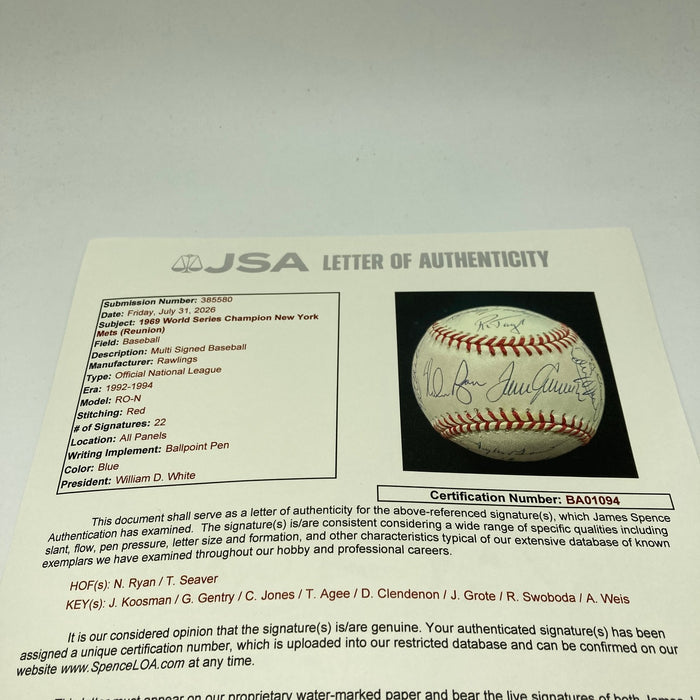 1969 New York Mets WS Champs Team Signed Baseball Tom Seaver Nolan Ryan JSA COA