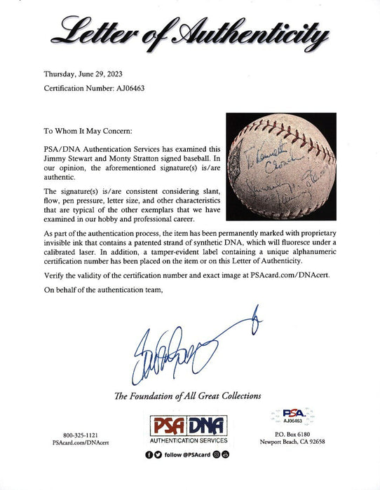 Jimmy Stewart & Monty Stratton "The Stratton Story" Dual-Signed Baseball PSA