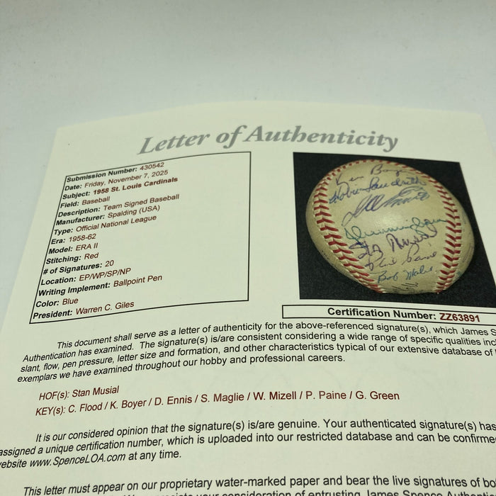 1958 St. Louis Cardinals Team Signed National League Baseball JSA COA