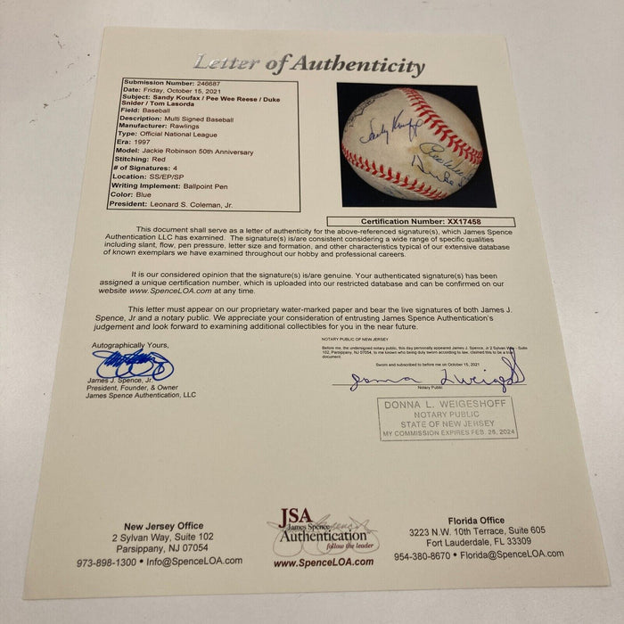 Sandy Koufax Brooklyn Dodgers Legends Signed Jackie Robinson Baseball JSA  COA