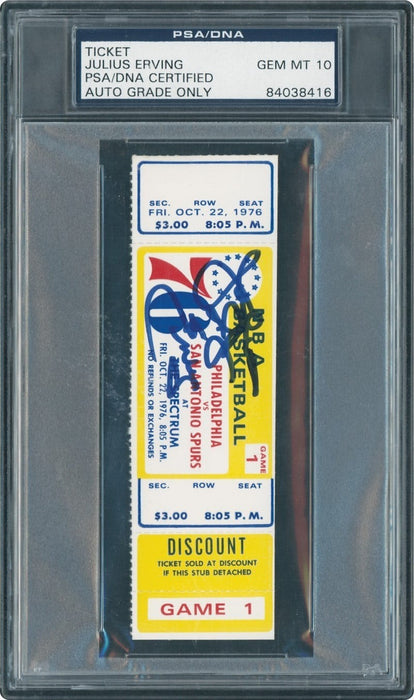 Julius Erving Dr J. Signed 1976 NBA Debut 76ers Full Ticket Proof PSA 10 GEM 1/1