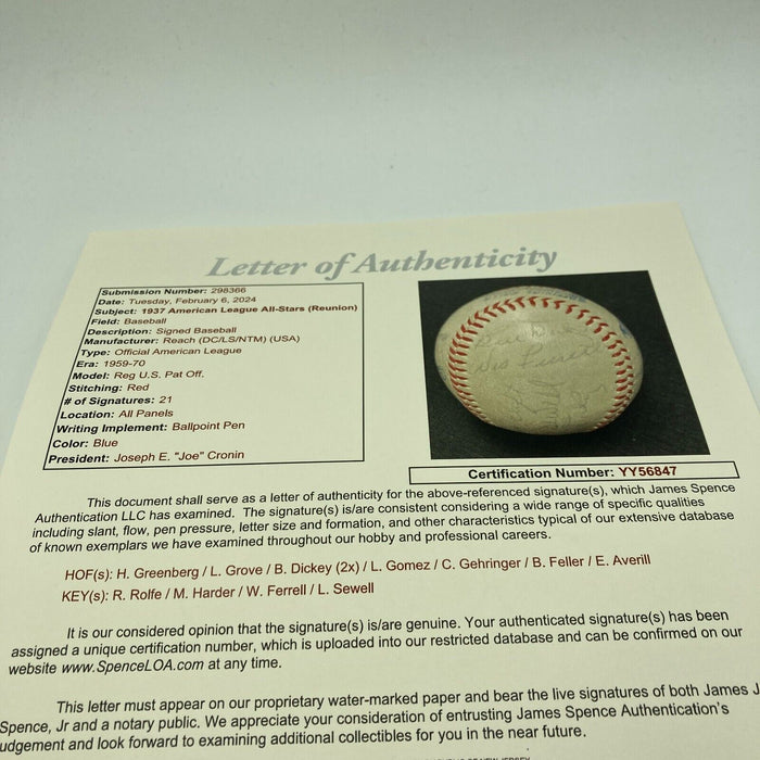 1937 All Star Game Team Signed Baseball Hank Greenberg JSA COA