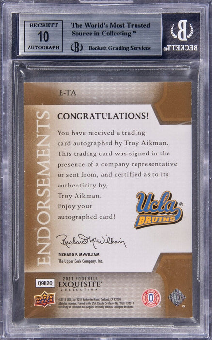 2011 Upper Deck Exquisite Endorsement Troy Aikman Auto Signed Card BGS 9 Auto 10