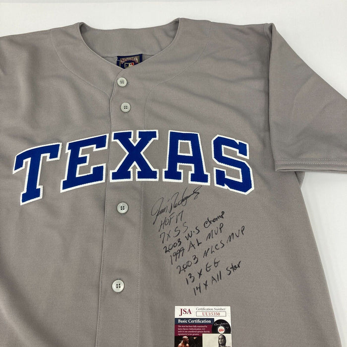 Ivan Rodriguez Signed Heavily Inscribed STATS Texas Rangers Jersey JSA COA