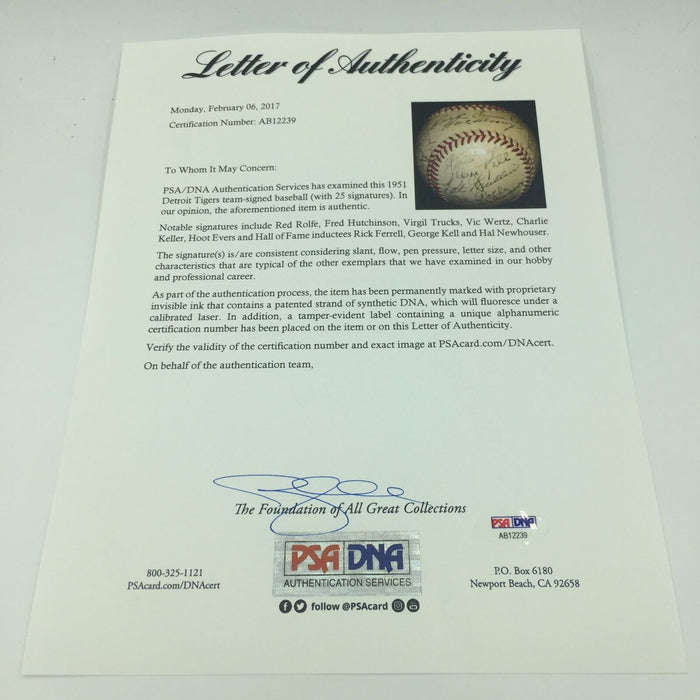 1951 Detroit Tigers Team Signed American League Baseball PSA DNA COA