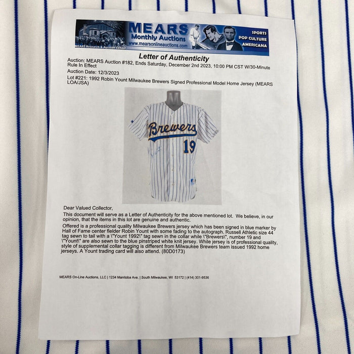 Robin Yount Signed 1992 Game Issued Milwaukee Brewers Jersey PSA DNA & MEARS COA