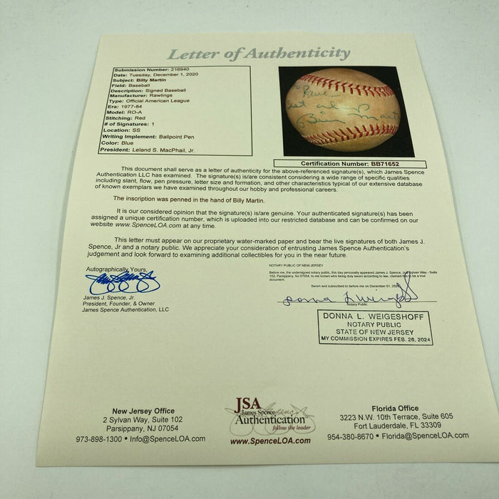 Billy Martin Single Signed Vintage Game Used American League Baseball JSA COA