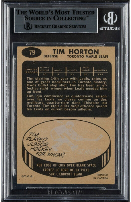 1965 Topps Tim Horton #79 Signed Hockey Card BGS Authenticated RARE
