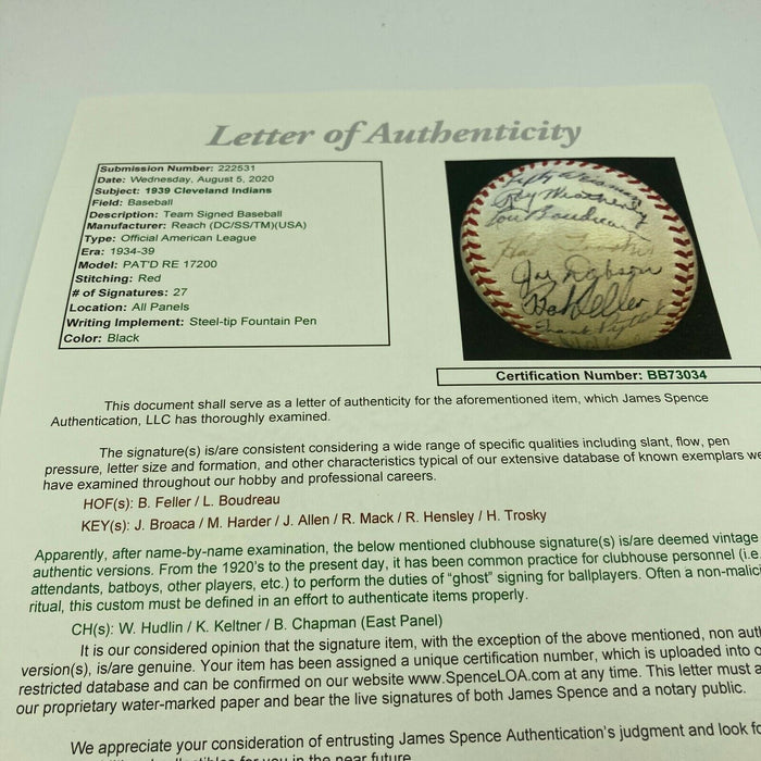 1939 Cleveland Indians Team Signed American League Baseball JSA COA Bob Feller