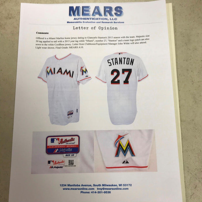 2015 Giancarlo Stanton Miami Marlins Game Used Home Jersey MEARS A10 COA Yankees