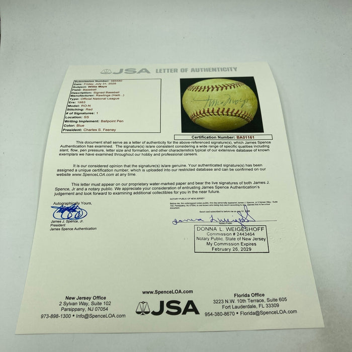 Willie Mays Signed 1970's Vintage National League Feeney Baseball JSA COA