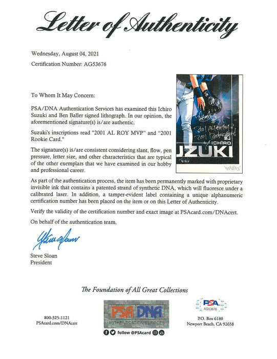 Ichiro Suzuki Signed 2001 Topps RC Ben Baller Litho 1/1 Project 2020 PSA Beckett