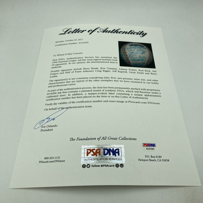 1994 All Star Game National League Team Signed Baseball Barry Bonds PSA DNA COA