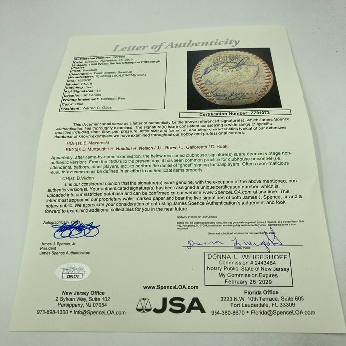 1960 Pittsburgh Pirates Champs Team Signed World Series Game Used Baseball JSA