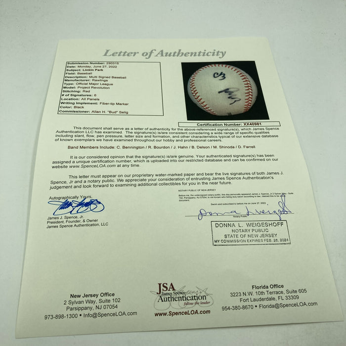 Linkin Park Band Signed Baseball 6 Signatures With Chester Bennington JSA COA