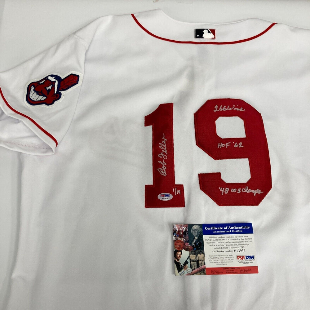 Bob Feller Signed Heavily Inscribed STATS Cleveland Indians Russell Jersey PSA