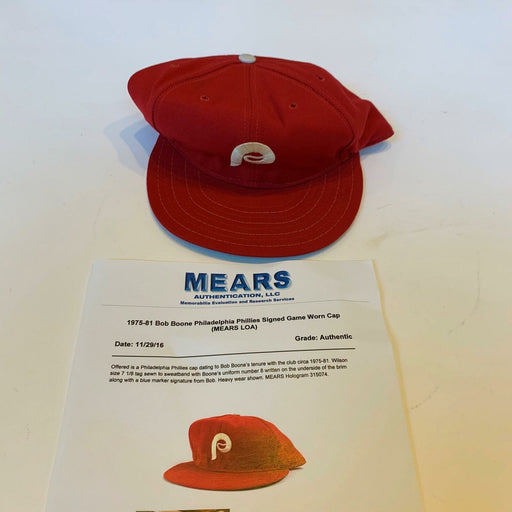 1975 Bob Boone Signed Game Used Philadelphia Phillies Hat Mears Beckett COA