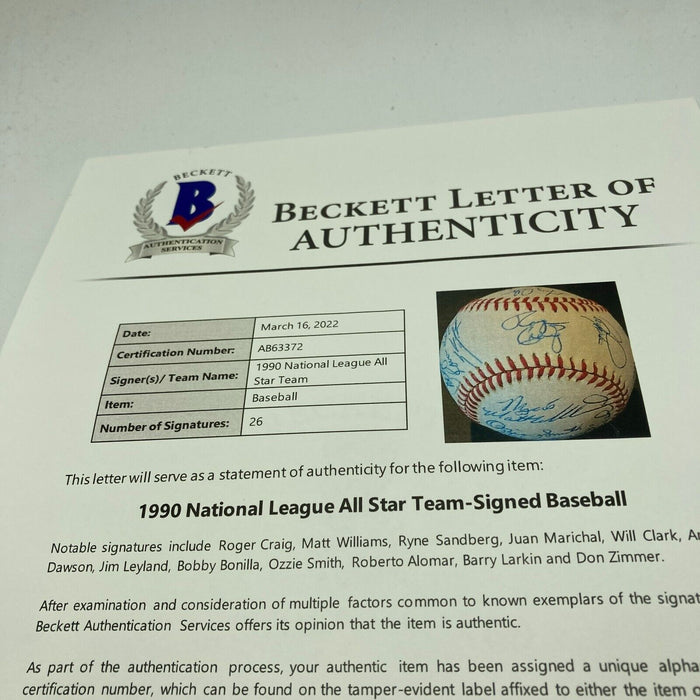 1990 All Star Game Team Signed Baseball Ozzie Smith Ryne Sandberg Beckett COA