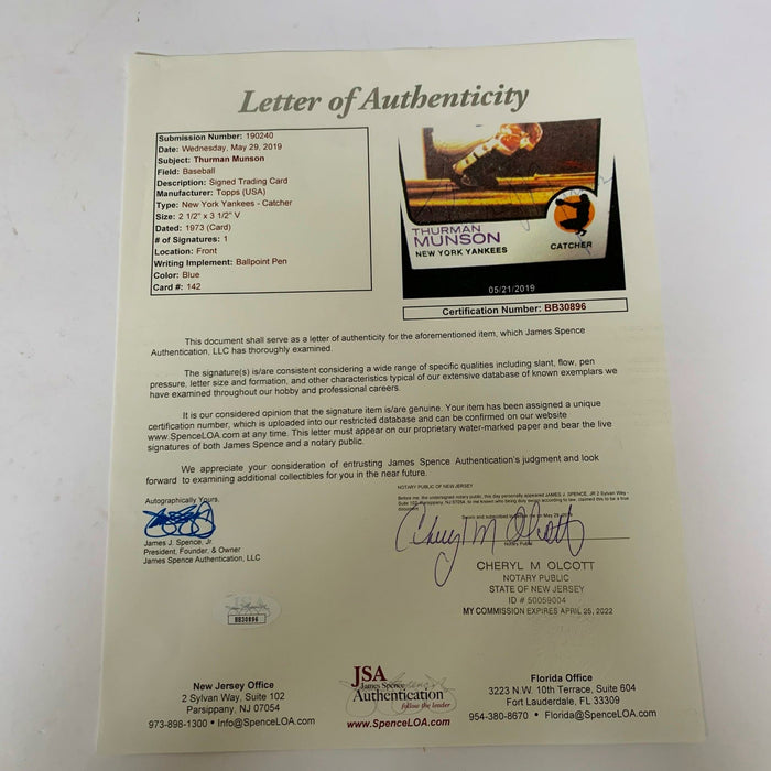 Thurman Munson Signed Autographed 1973 Topps Baseball Card With JSA COA Yankees