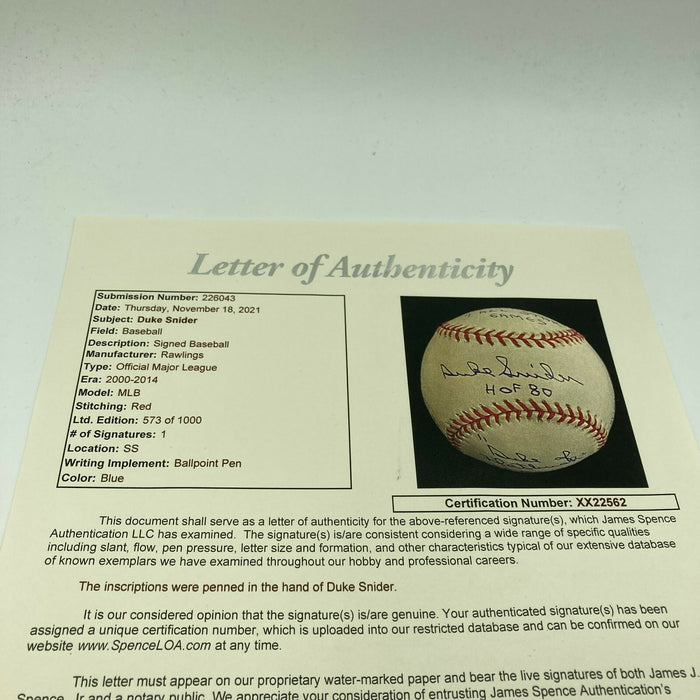 Duke Snider Signed Heavily Inscribed Career STAT Baseball With JSA COA