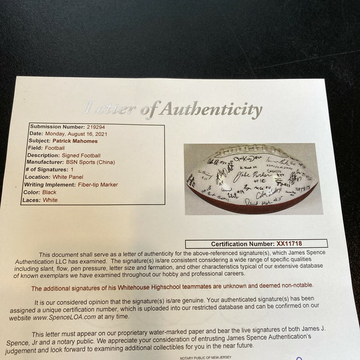 Patrick Mahomes 2013 Whitehouse Wildcats High School Team Signed Football JSA