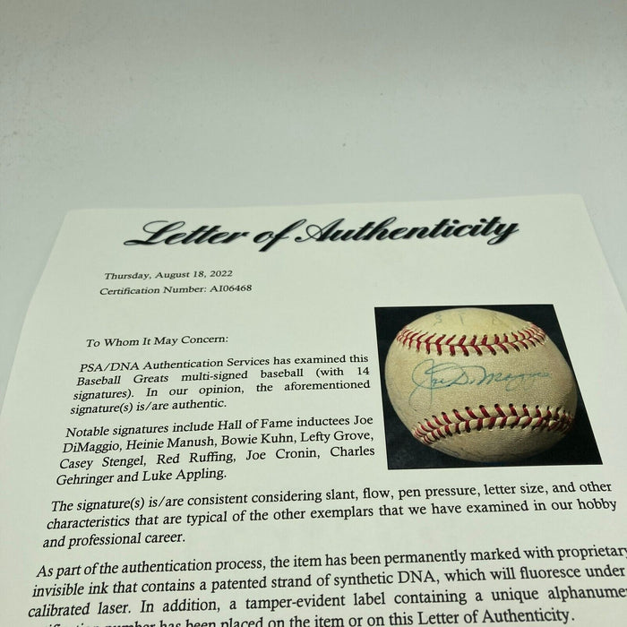 Joe DiMaggio Casey Stengel Heinie Manush HOF Multi Signed Baseball PSA DNA COA