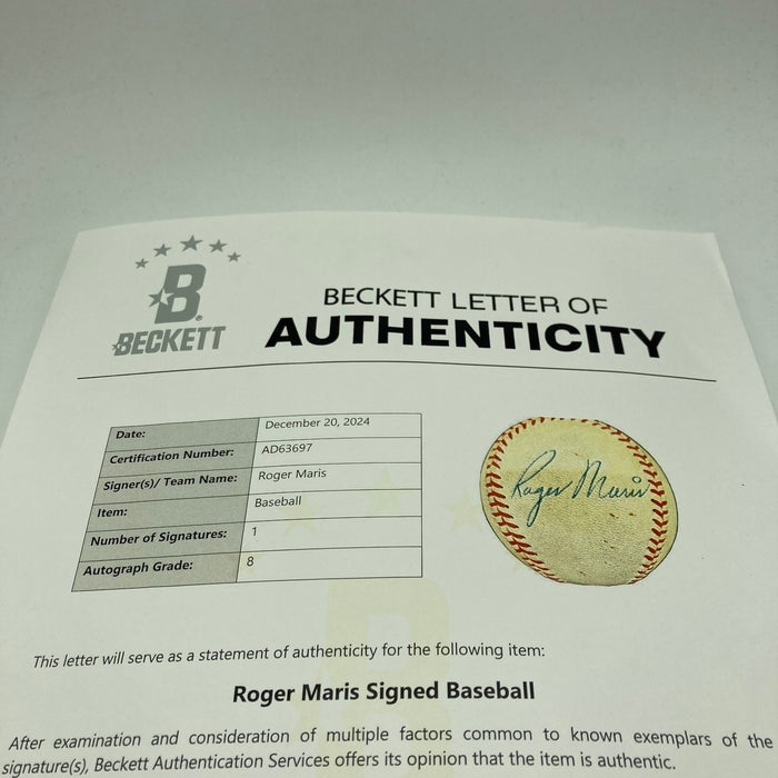 Roger Maris Playing Days Single Signed 1961 American League Baseball Beckett COA