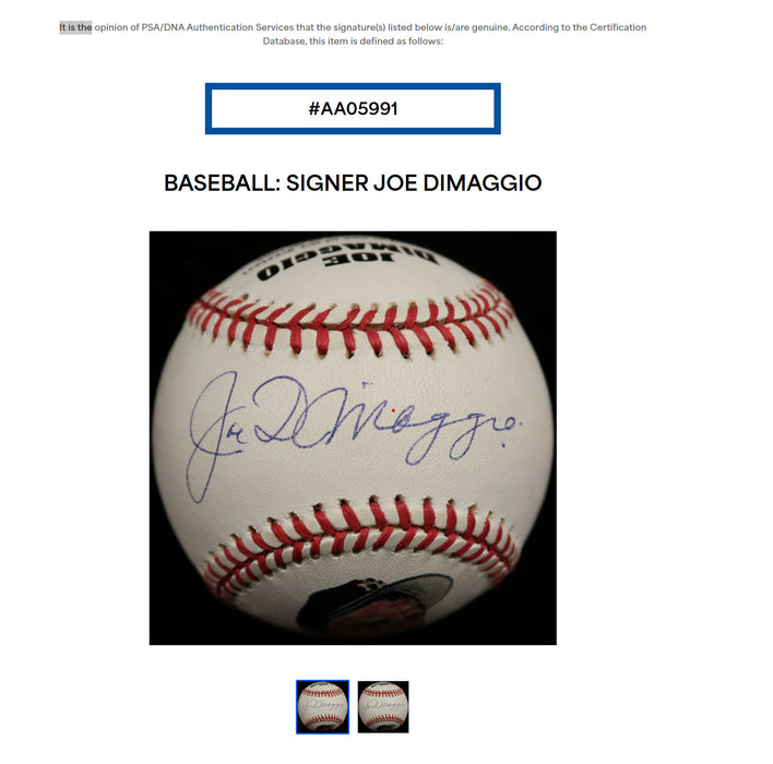Beautiful Joe Dimaggio Signed American League Baseball PSA Graded MINT 9