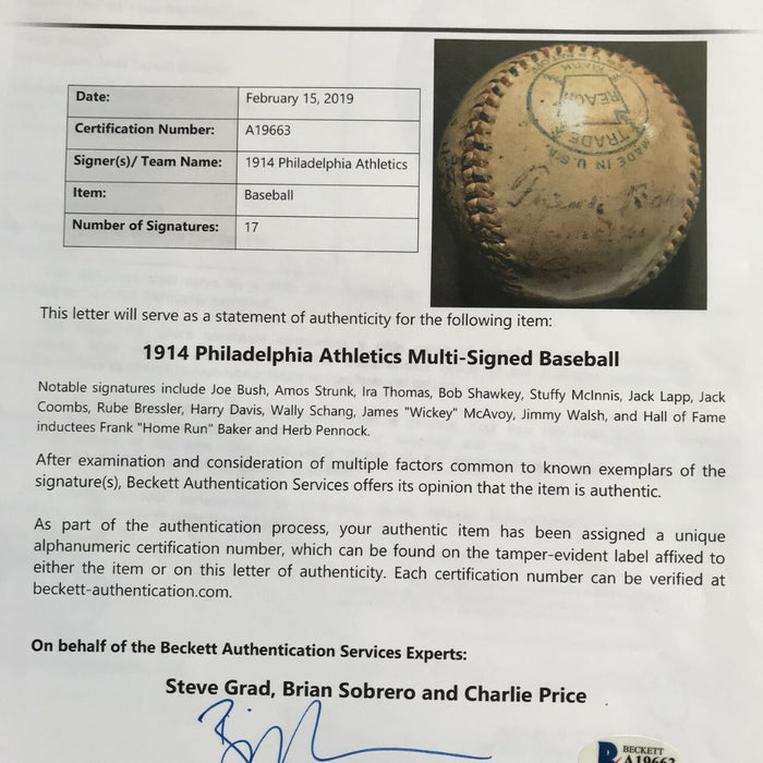 Extraordinary 1914 Philadelphia Athletics A's Team Signed Baseball Beckett COA