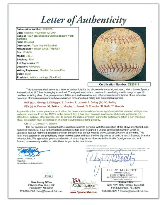 Lou Gehrig 1937 New York Yankees World Series Champs Team Signed Baseball JSA