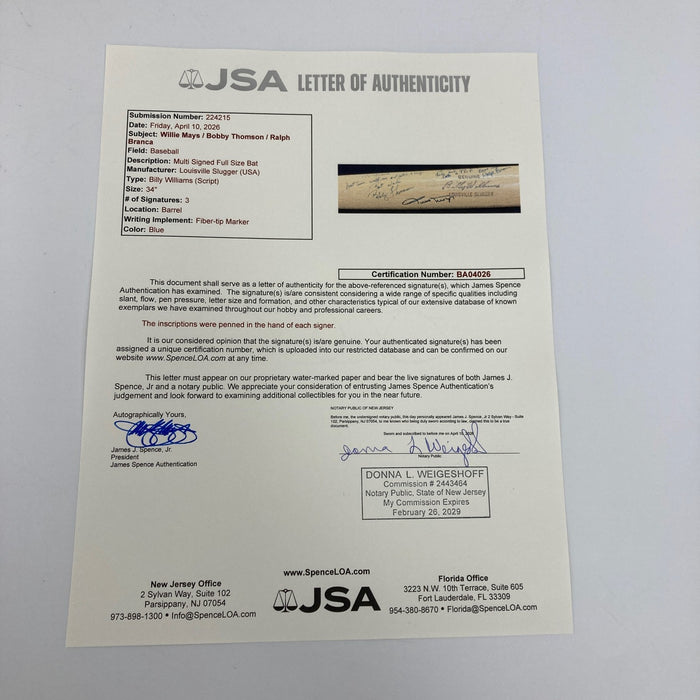 Willie Mays, Bobby Thomson & Ralph Branca Signed Baseball Bat JSA COA