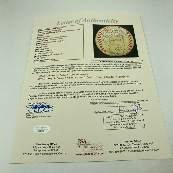 1987 Minnesota Twins World Series Champs Team Signed Baseball JSA COA