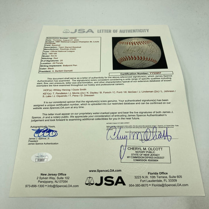 1987 St. Louis Cardinals NL Champs Team Signed National League Baseball JSA COA