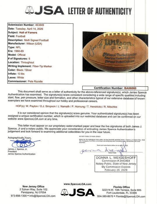 Walter Payton Joe Namath OJ Simpson Ray Nitschke HOF Signed Football JSA COA