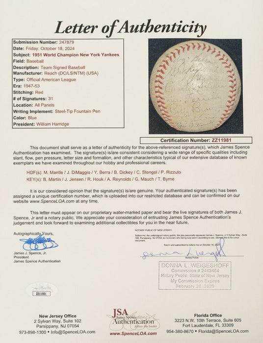 1951 Yankees World Series Champs Team Signed Baseball Mickey Mantle Rookie JSA