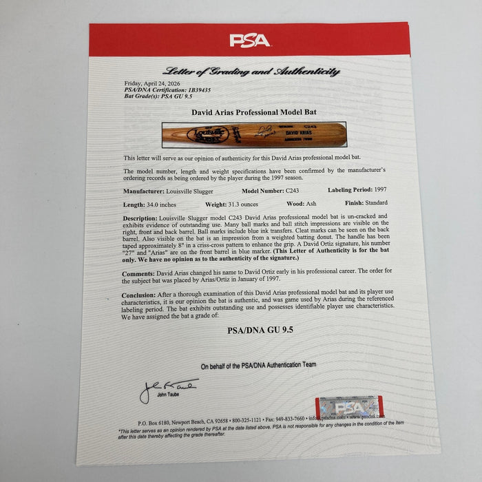 The Finest 1997 David Ortiz Rookie Signed Game Used Bat PSA DNA 9.5 1/1