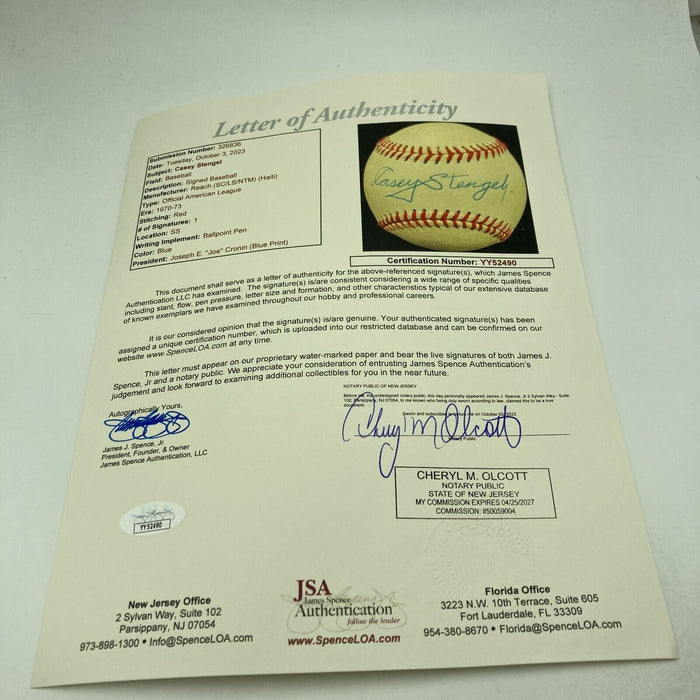 The Finest Casey Stengel Single Signed American League Baseball JSA COA
