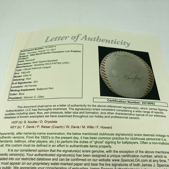 1963 Los Angeles Dodgers World Series Champs Team Signed Baseball Koufax JSA