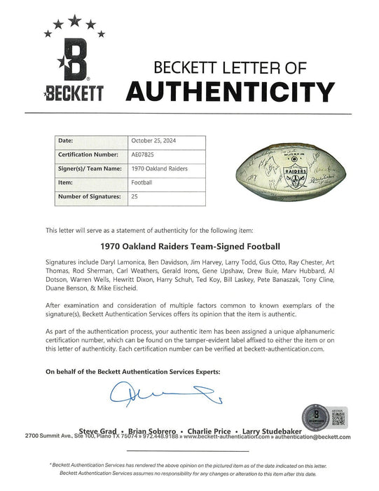 1970 Oakland Raiders Team Signed Spalding AFL Vintage Football Beckett COA
