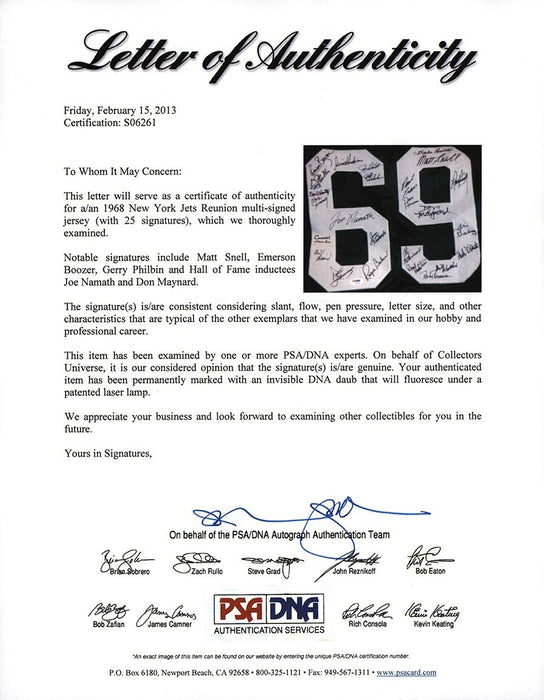 1969 New York Jets Super Bowl Champs Team Signed Jersey Joe Namath PSA DNA COA
