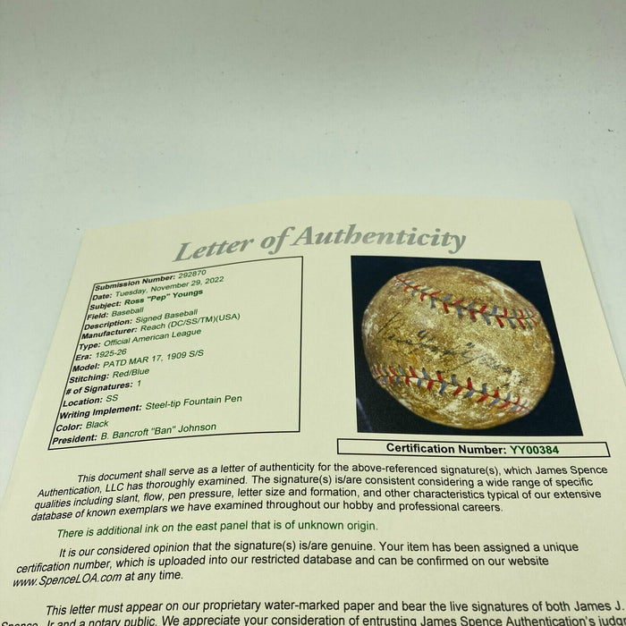 Ross "Pep" Youngs Single Signed Baseball The Only One In Existence! JSA COA
