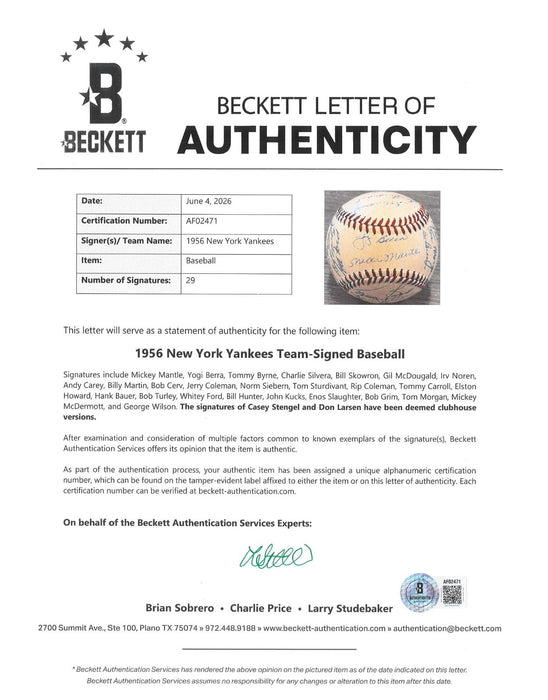 1956 New York Yankees World Series Champs Team Signed Baseball Mickey Mantle BAS