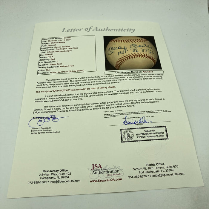 Mickey Mantle "MVP 1956 1957 1962" Signed Inscribed American League Baseball JSA