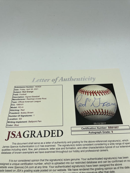 Stunning Red Grange Single Signed American League Baseball JSA COA Graded MINT 9